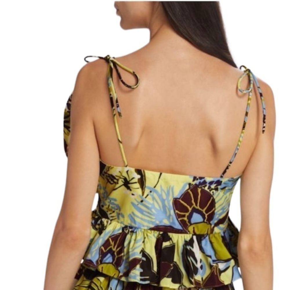 Tanya Taylor Lime, Blue and Black Floral Ruffle Crop Top - Picture 2 of 7